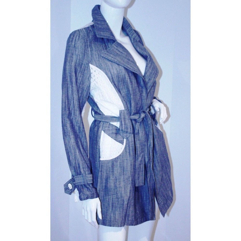 PENCEY Trench LIGHTWEIGHT Jacket COTTON Belted EYELIT Blue WHITE Panels ( 4 ) - Picture 3 of 4